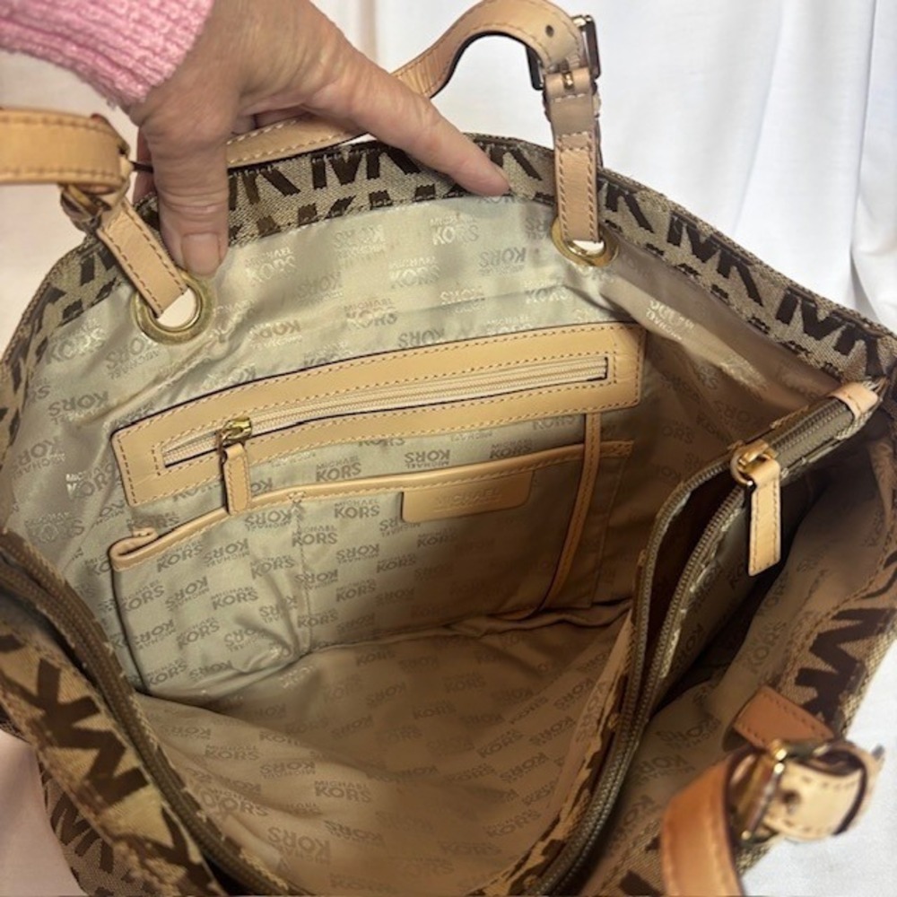 Michael Kors MK Logo Canvas Tote Bag Brown Tan Large Shoulder Bag - Picture 11 of 13